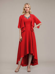 A-line V-Neck Asymmetrical Chiffon Mother of the Bride Dress With Beading Sequins