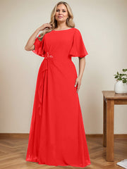 A-line Scoop Floor-Length Chiffon Mother of the Bride Dress With Cascading Ruffles Beading Sequins