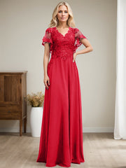 A-line V-Neck Floor-Length Lace Chiffon Mother of the Bride Dress With Sequins