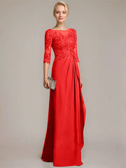 A-line Scoop Illusion Floor-Length Chiffon Lace Mother of the Bride Dress With Beading Sequins Cascading Ruffles