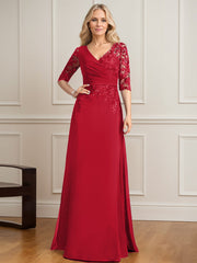 A-line V-Neck Floor-Length Lace Chiffon Mother of the Bride Dress With Pleated Sequins
