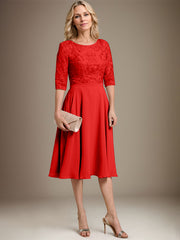 A-line Scoop Knee-Length Lace Chiffon Mother of the Bride Dress