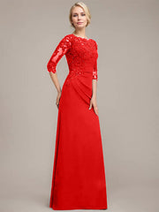 A-line Scoop Floor-Length Chiffon Lace Mother of the Bride Dress With Sequins Beading Pleated