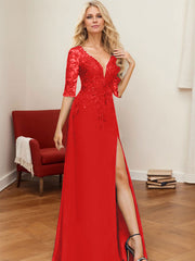 A-Line V-Neck 1/2 Sleeves Floor-Length Chiffon Mother Of The Bride Dresses With Lace