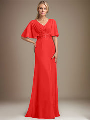 A-line V-Neck Floor-Length Chiffon Mother of the Bride Dress With Sequins Appliques Lace Pleated