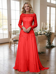 A-line Bateau Long Sleeves Appliques Lace Sweep Train Chiffon Mother of the Bride Dres