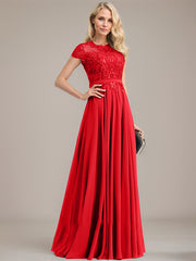 A-line Scoop Illusion Floor-Length Lace Chiffon Mother of the Bride Dress