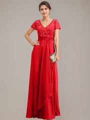 A-line V-Neck Floor-Length Chiffon Lace Mother of the Bride Dress With Beading Sequins Cascading Ruffles