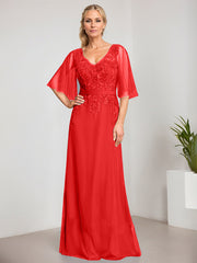 A-line V-Neck Floor-Length Lace Chiffon Mother of the Bride Dress With Sequins Beading