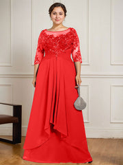 A-line Scoop Illusion Floor-Length Lace Chiffon Mother of the Bride Dress With Cascading Ruffles