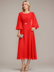 A-line Scoop Tea-Length Chiffon Mother of the Bride Dress With Crystal Brooch Pleated