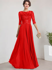 A-line Scoop Illusion Floor-Length Lace Chiffon Mother of the Bride Dress With Pleated Sequins