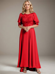 A-line Scoop Illusion Asymmetrical Chiffon Lace Mother of the Bride Dress With Beading