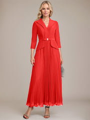A-line Collared V-Neck Ankle-Length Chiffon Mother of the Bride Dress With Beading Pleated