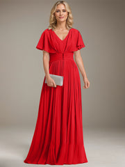 A-line V-Neck Floor-Length Chiffon Mother of the Bride Dress With Crystal Brooch Pleated