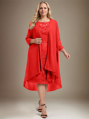 Sheath/Column Scoop Illusion Knee-Length Lace Chiffon Mother of the Bride Dress With Cascading Ruffles Sequins