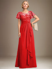 A-line Asymmetrical Illusion Floor-Length Lace Chiffon Mother of the Bride Dress With Cascading Ruffles Sequins