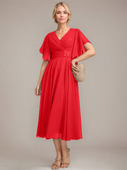A-line V-Neck Tea-Length Chiffon Mother of the Bride Dress With Pleated Beading
