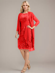 Sheath/Column Scoop Illusion Knee-Length Lace Chiffon Mother of the Bride Dress With Cascading Ruffles Sequins