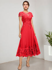 A-line Scoop Illusion Tea-Length Lace Chiffon Mother of the Bride Dress With Sequins