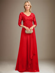 Empire V-Neck Floor-Length Lace Chiffon Mother of the Bride Dress With Cascading Ruffles Sequins