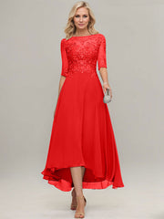 A-line Illusion Boat Neck Asymmetrical Chiffon Lace Mother of the Bride Dress With Sequins Beading