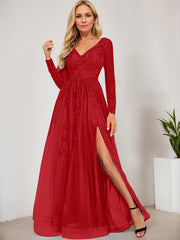 A-line V-Neck Floor-Length Tulle Prom Dresses With Sequins Appliques Lace Beading