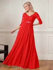 A-Line Floor-Length V-Neck Lace Chiffon Mother of the Bride Dress