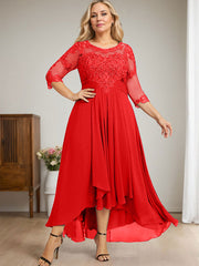 A-line Scoop Illusion Asymmetrical Lace Chiffon Mother of the Bride Dress With Cascading Ruffles