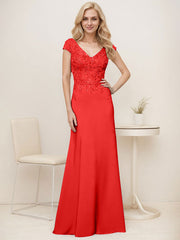 A-Line V-Neck Sweep Train Elastic Mother Of The Bride Dresses With Lace
