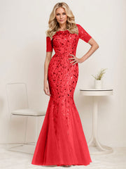 Floral Sequin Print Maxi Long Fishtail Tulle Mother Of The Bride Dresses