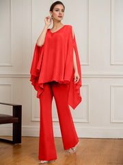 Separates Jumpsuit/Pantsuit V-Neck Floor-Length Chiffon Mother of the Bride Dress With Beading