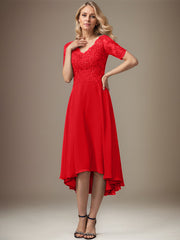 A-line V-Neck Asymmetrical Lace Chiffon Mother of the Bride Dress With Sequins