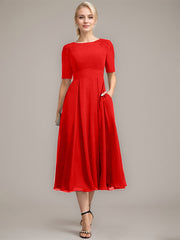 A-line Scoop Tea-Length Chiffon Mother of the Bride Dress With Appliques Lace Sequins