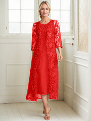 A-line Scoop Tea-Length Lace Chiffon Mother of the Bride Dress