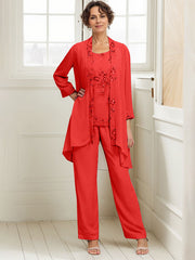 Elegant Appliques 3 Pieces Chiffon Mother of The Bride Jumpsuit with Wrap