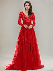 Ball-Gown/Princess V-Neck Sweep Train Tulle Lace Evening Dress With Sequins