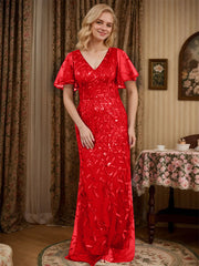 Sheath V-neck Short Sleeves Floor-Length Lace Mother of the Bride Dress