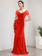 Sheath/Column V-Neck Sweep Train Velvet Evening Dress With Cascading Ruffles Beading