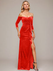 Sheath/Column Off the Shoulder Floor-Length Velvet Evening Dress With Cascading Ruffles
