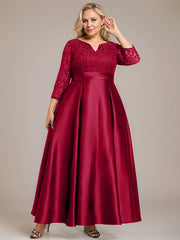 A-line V-Neck Ankle-Length Lace Satin Mother of the Bride Dress With Rhinestone