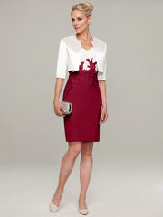 Sheath/Column V-Neck Knee-Length Satin Mother of the Bride Dress With Jacket Appliqued