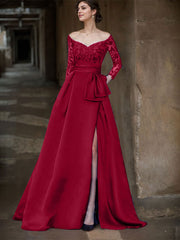 A-Line Off-The-Shoulder 3/4 Sleeves Sweep Train Lace/Satin Mother Of The Bride Dresses With Split Front