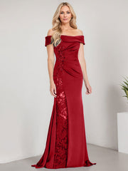 A-Line Off the Shoulder Floor-Length Chiffon Mother of the Bride Dress Applique Beadings Mermaid Dress With  High Split