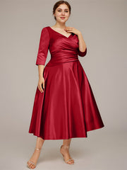 A-line V-Neck Tea-Length Satin Mother of the Bride Dress With Pleated