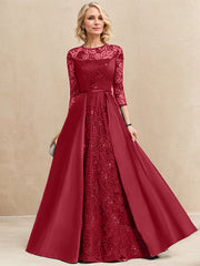 A-line Scoop Illusion Floor-Length Satin Lace Evening Dress With Sequins