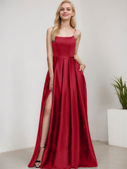 A-line Square Floor-Length Satin Evening Dress