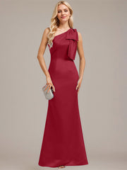 Sheath/Column One Shoulder Floor-Length Satin Evening Dress With Bow Pleated