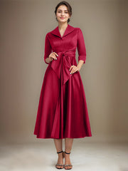 A-line V-Neck Collared Tea-Length Satin Mother of the Bride Dress