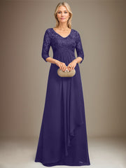 Empire V-Neck Floor-Length Lace Chiffon Mother of the Bride Dress With Cascading Ruffles Sequins